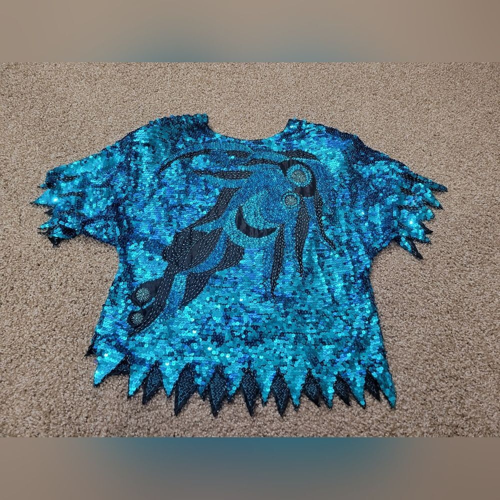 Vintage Shimmering Blue Sequin 100% Pure Silk Heavy Blouse Size 42 (L)